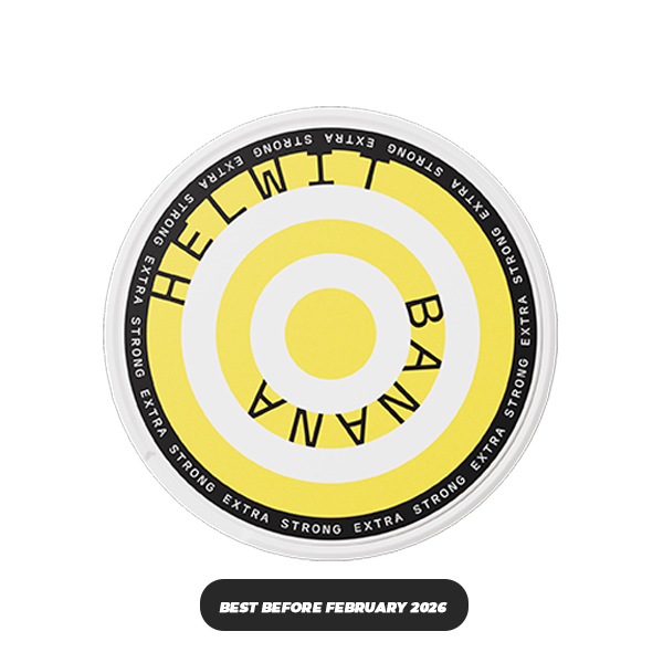 Banana X-Strong AW Slim - Round yellow and white HELWIT Banana X-Strong AW Slim snus can with concentric circle design.