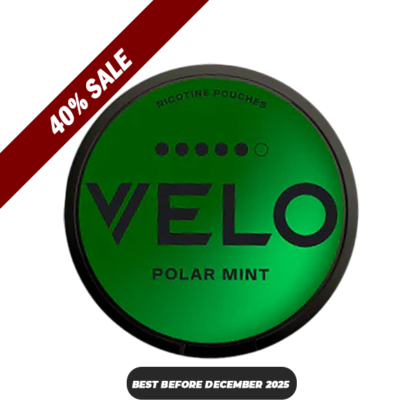 Polar Mint Intense AW - Green VELO Polar Mint snus can with nicotine pouches and 40% sale badge.