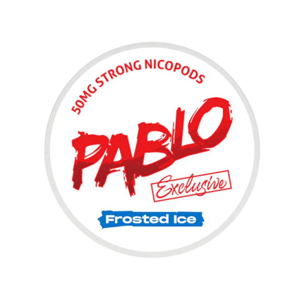 Exclusive Frosted Ice AW - White round snus container with bold red Pablo Exclusive logo and blue Frosted Ice label.