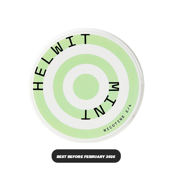 Mint AW Slim - Round mint green and white Snus container with HELWIT branding and black text.