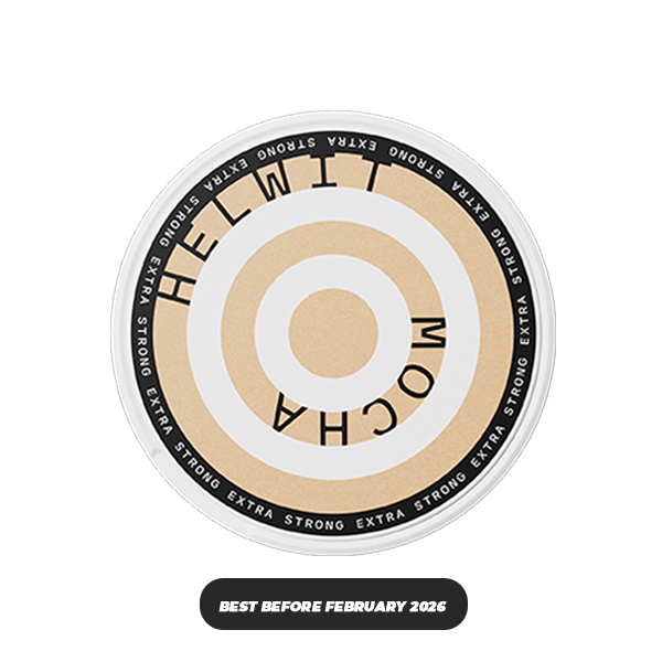 Mocha X-Strong AW Slim - Round Mocha X-Strong AW Slim snus container with beige and black modern design.